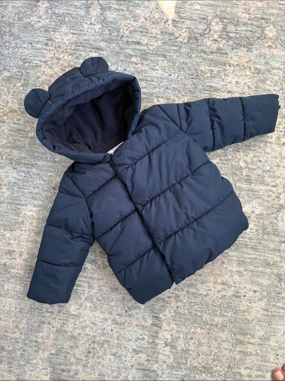 Old Navy 12-18 mo. Navy Blue Poly-Fill Puffer Winter Jacket, Hood w/Teddy Ears